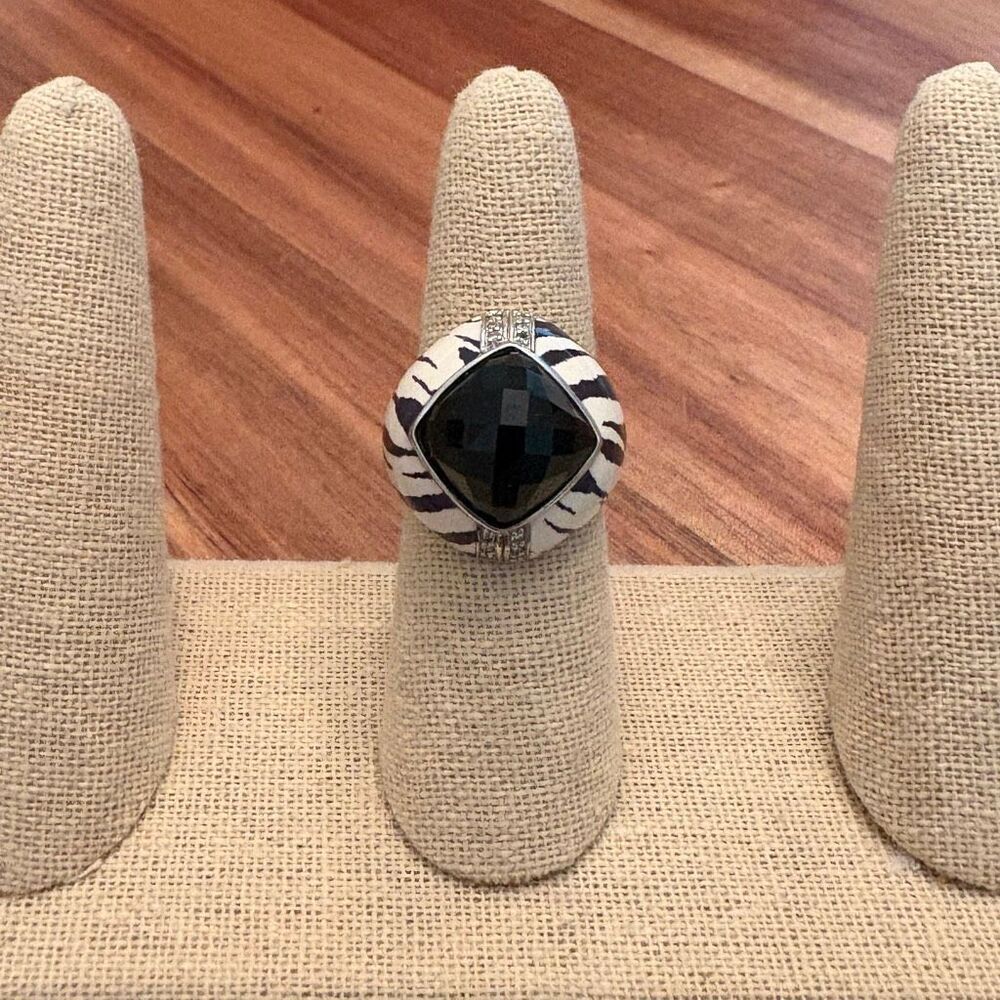 Zebra Enamel Onyx Ring | Sterling Silver | Size 7